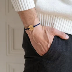 New HappyBulle Bracelet homme personnalisé cordon double médaille gravée ronde 2 trous 21 mm - Edition spéciale Marin Bois