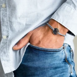 HappyBulle Bracelet homme personnalisé cordon marin tressé médaille gravée argent 2 trous 20 mm - x Barbapapa Argent rhodié 925