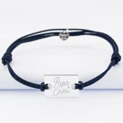 HappyBulle Bracelet homme personnalisé cordon doublé médaille gravée argent rectangle 23x16 mm - Nos petits imparfaits