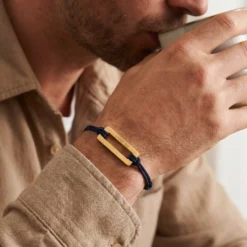 Clearance HappyBulle Bracelet homme personnalisé cordon double médaille gravée acier doré rectangle évidé 32x14 mm Acier inoxydable doré