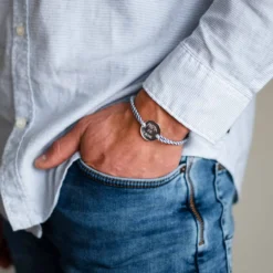 Clearance HappyBulle Bracelet homme personnalisé cordon marin tressé médaille gravée argent 2 trous 20 mm Argent rhodié 925
