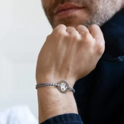 Clearance HappyBulle Bracelet homme personnalisé cordon marin tressé médaille gravée argent 2 trous 20 mm Argent rhodié 925