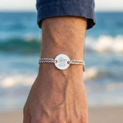 Clearance HappyBulle Bracelet homme personnalisé cordon marin tressé médaille gravée argent 2 trous 20 mm Argent rhodié 925
