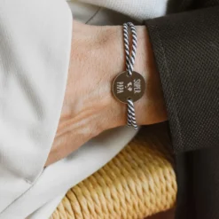 Clearance HappyBulle Bracelet homme personnalisé cordon marin tressé médaille gravée argent 2 trous 20 mm Argent rhodié 925