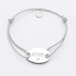 Hot HappyBulle Bracelet homme personnalisé cordon simple médaille gravée argent ovale 2 trous 25x16 mm