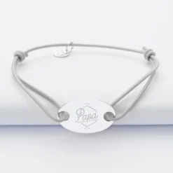Hot HappyBulle Bracelet homme personnalisé cordon simple médaille gravée argent ovale 2 trous 25x16 mm