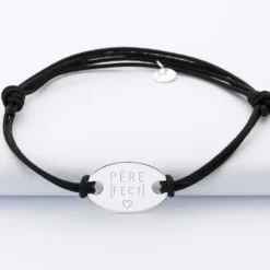 Outlet HappyBulle Bracelet homme tendance personnalisé cordon doublé médaille gravée argent ovale 25x16 mm