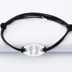 Outlet HappyBulle Bracelet homme tendance personnalisé cordon doublé médaille gravée argent ovale 25x16 mm
