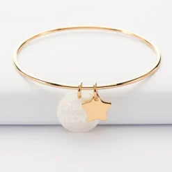 Outlet HappyBulle Bracelet jonc personnalisé médaille gravée nacre 19 mm et breloque plaqué or étoile 12 mm