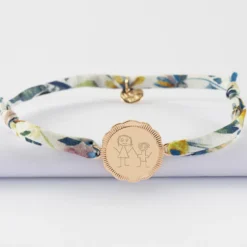 HappyBulle Bracelet Liberty personnalisé médaille contour fleur gravée plaqué or 2 trous 18 mm