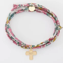 Clearance HappyBulle Bracelet Liberty 3 tours personnalisé médaille gravée plaqué or croix 15x13 mm Plaqué or 18k