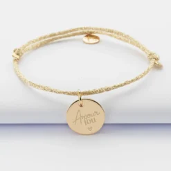 Sale HappyBulle Bracelet Mariée personnalisé cordon pailleté médaille gravée plaqué or 15 mm Plaqué or 18k