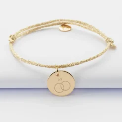 Sale HappyBulle Bracelet Mariée personnalisé cordon pailleté médaille gravée plaqué or 15 mm Plaqué or 18k