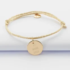 Sale HappyBulle Bracelet Mariée personnalisé cordon pailleté médaille gravée plaqué or 15 mm Plaqué or 18k