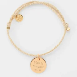 Sale HappyBulle Bracelet Mariée personnalisé cordon pailleté médaille gravée plaqué or 15 mm Plaqué or 18k