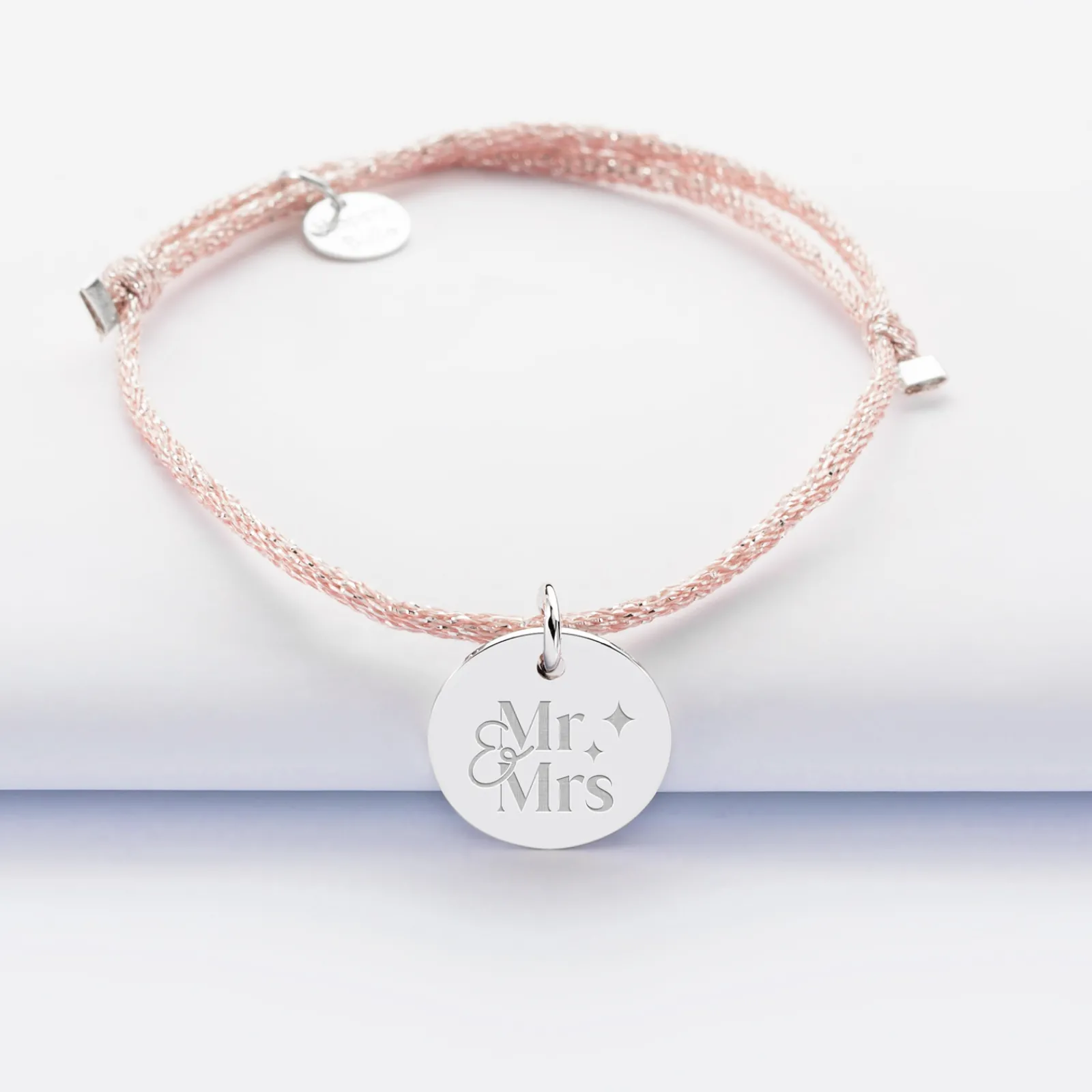 Sale HappyBulle Bracelet Mariée personnalisé cordon pailleté médaille gravée argent 15 mm Argent rhodié 925