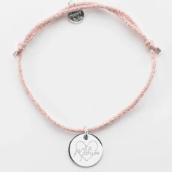 Sale HappyBulle Bracelet Mariée personnalisé cordon pailleté médaille gravée argent 15 mm Argent rhodié 925