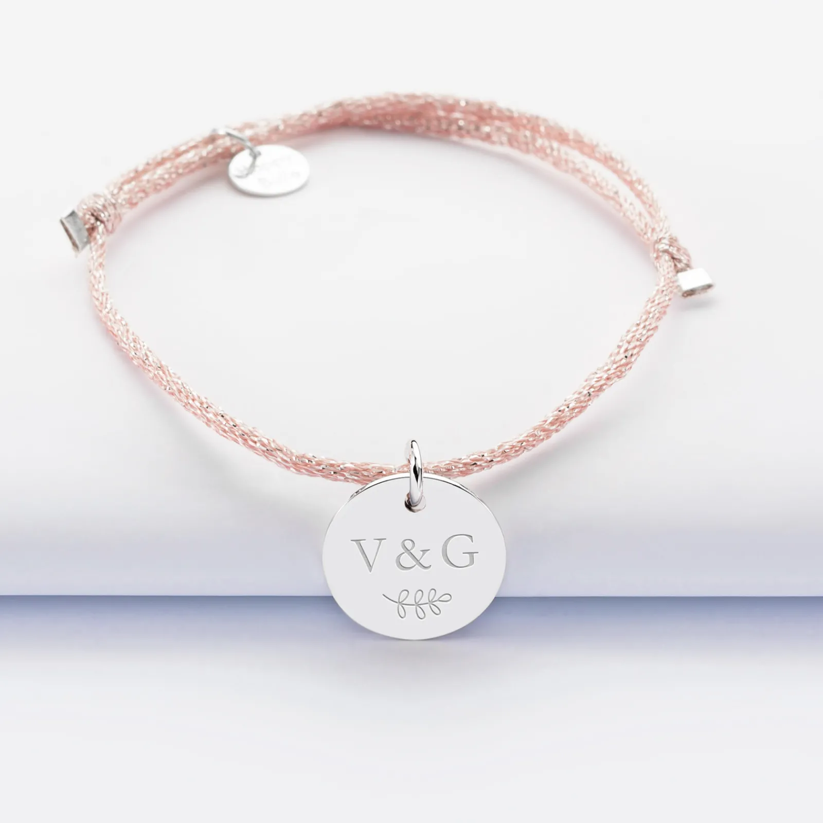 Sale HappyBulle Bracelet Mariée personnalisé cordon pailleté médaille gravée argent 15 mm Argent rhodié 925