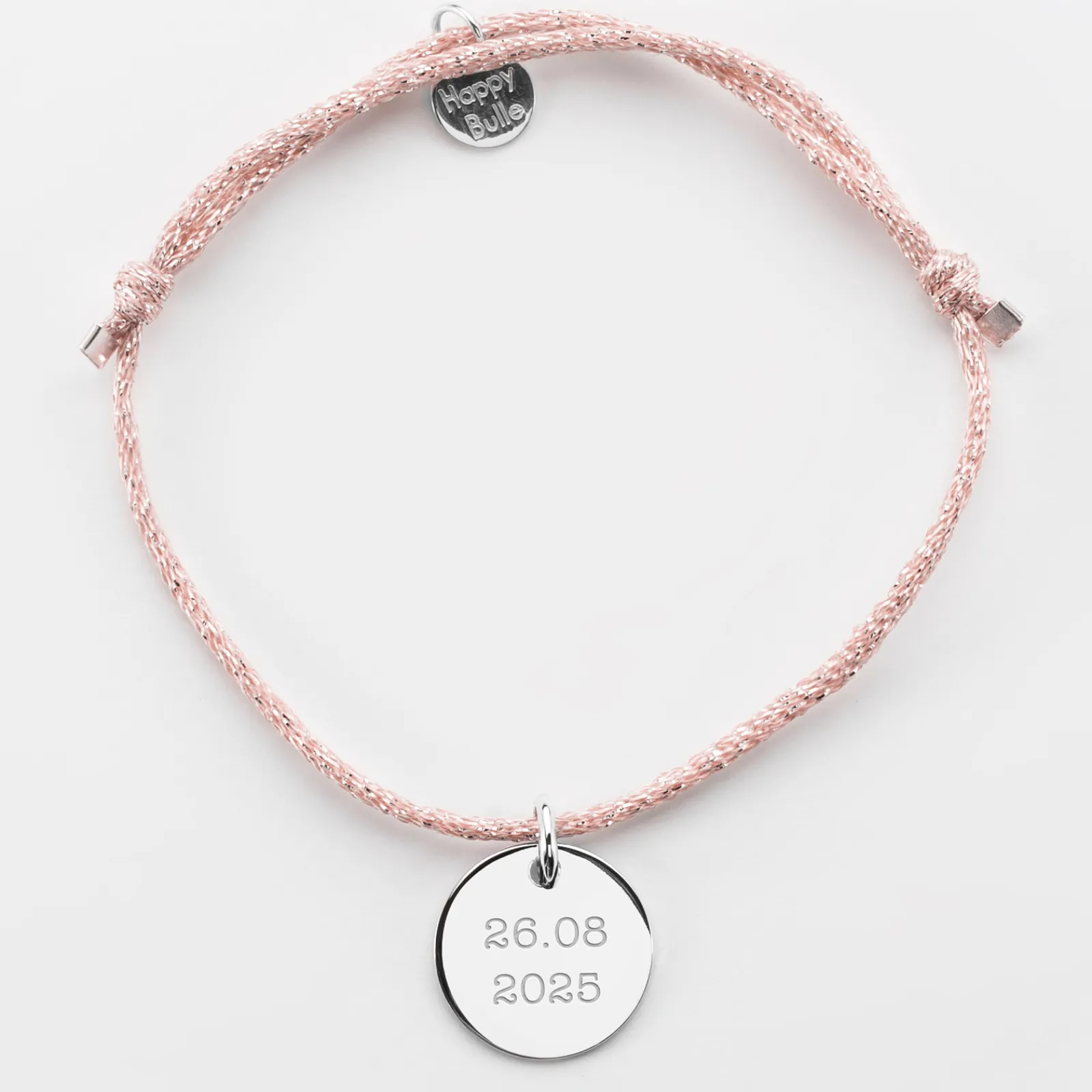 Sale HappyBulle Bracelet Mariée personnalisé cordon pailleté médaille gravée argent 15 mm Argent rhodié 925