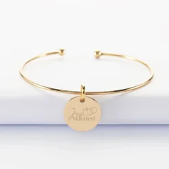 Hot HappyBulle Bracelet Mariée personnalisé jonc ouvert boules plaqué or médaille gravée 15 mm Plaqué or 18k