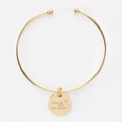 Hot HappyBulle Bracelet Mariée personnalisé jonc ouvert boules plaqué or médaille gravée 15 mm Plaqué or 18k