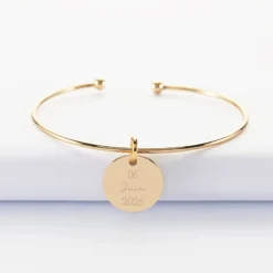 Hot HappyBulle Bracelet Mariée personnalisé jonc ouvert boules plaqué or médaille gravée 15 mm Plaqué or 18k
