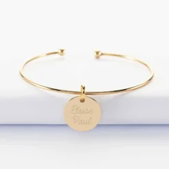 Hot HappyBulle Bracelet Mariée personnalisé jonc ouvert boules plaqué or médaille gravée 15 mm Plaqué or 18k