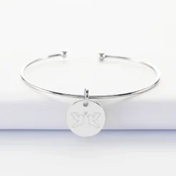 New HappyBulle Bracelet Mariée personnalisé jonc ouvert boules argent médaille gravée 15 mm Argent rhodié 925