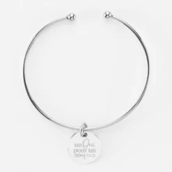 New HappyBulle Bracelet Mariée personnalisé jonc ouvert boules argent médaille gravée 15 mm Argent rhodié 925