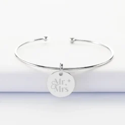 New HappyBulle Bracelet Mariée personnalisé jonc ouvert boules argent médaille gravée 15 mm Argent rhodié 925