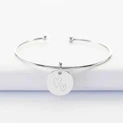 New HappyBulle Bracelet Mariée personnalisé jonc ouvert boules argent médaille gravée 15 mm Argent rhodié 925