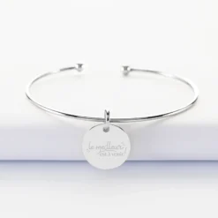 New HappyBulle Bracelet Mariée personnalisé jonc ouvert boules argent médaille gravée 15 mm Argent rhodié 925