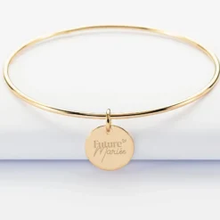 Discount HappyBulle Bracelet Mariée personnalisé jonc plaqué or médaille gravée 15 mm Plaqué or 18k