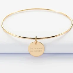 Discount HappyBulle Bracelet Mariée personnalisé jonc plaqué or médaille gravée 15 mm Plaqué or 18k