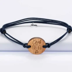 Online HappyBulle Bracelet papa homme médaille gravée bois ronde 21 mm - Edition spéciale "Chef de tribu"