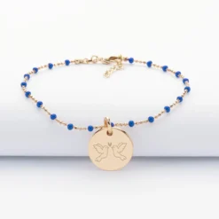 HappyBulle Bracelet perles colorées Mariée personnalisé médaille gravée plaqué or 15 mm