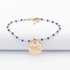 HappyBulle Bracelet perles colorées Mariée personnalisé médaille gravée plaqué or 15 mm