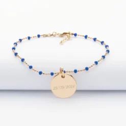 HappyBulle Bracelet perles colorées Mariée personnalisé médaille gravée plaqué or 15 mm