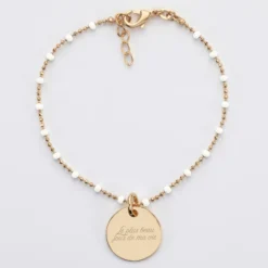 HappyBulle Bracelet perles colorées Mariée personnalisé médaille gravée plaqué or 15 mm