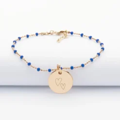 HappyBulle Bracelet perles colorées Mariée personnalisé médaille gravée plaqué or 15 mm