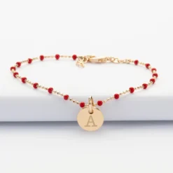 HappyBulle Bracelet perles colorées personnalisé médaille gravée plaqué or 10 mm