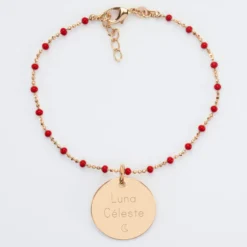 Best HappyBulle Bracelet perles colorées personnalisé médaille gravée plaqué or 19 mm