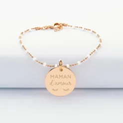 Best HappyBulle Bracelet perles colorées personnalisé médaille gravée plaqué or 19 mm