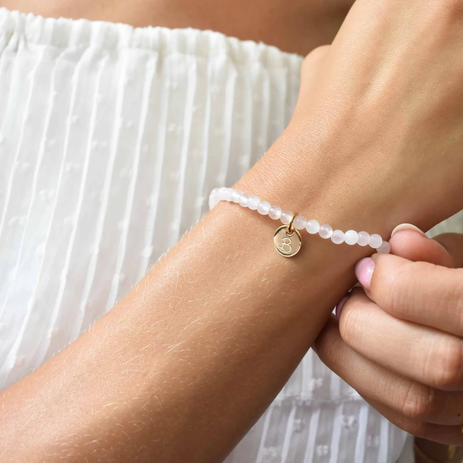 Outlet HappyBulle Bracelet perles élastique personnalisé médaille gravée plaqué or ronde 10 mm Plaqué or 18k