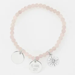 Online HappyBulle Bracelet perles élastique personnalisé médaille gravée argent ronde 15 mm Argent rhodié 925