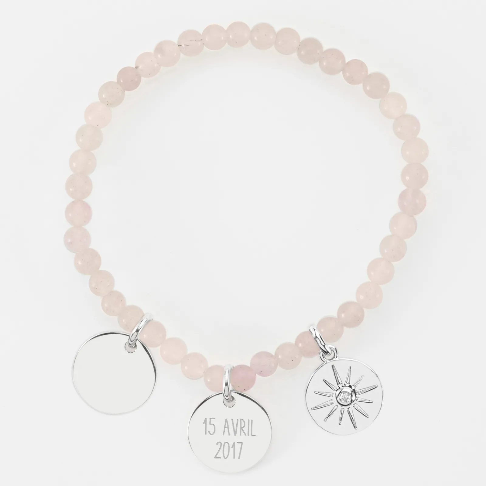 Online HappyBulle Bracelet perles élastique personnalisé médaille gravée argent ronde 15 mm Argent rhodié 925