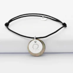 Hot HappyBulle Bracelet personnalisé breloque nacre noire 19 mm et médaille gravée argent 15 mm Argent rhodié 925