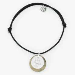 Hot HappyBulle Bracelet personnalisé breloque nacre noire 19 mm et médaille gravée argent 15 mm Argent rhodié 925