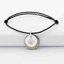 Hot HappyBulle Bracelet personnalisé breloque nacre noire 19 mm et médaille gravée argent 15 mm Argent rhodié 925