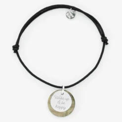 Hot HappyBulle Bracelet personnalisé breloque nacre noire 19 mm et médaille gravée argent 15 mm Argent rhodié 925